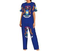 TTIGLHOH Ensemble de pyjama 2 pièces avec haut à col rond et pantalon à manches courtes et imprimé drapeau de l'État du Michigan pour femme, Noir , M
