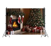 Ttincceer 1,5 x 1 m Toile de Fond cheminée de Noël Intérieur de pièce Moderne Arbre de Noël Nouvel an Photographie Fond Rétro Plancher en Bois Boîtes Bannière de fête Accessoire de Studio