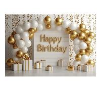 Ttincceer 1.5x1.2m Luxe Anniversaire Fond pour la Photographie Or Blanc Ballon Arc boîte Hommes Femmes Anniversaire fête Photo Fond Enfants Adulte Studio Portrait Photo Accessoires Vinyle