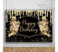 Ttincceer 220x150cm Joyeux Anniversaire Toile de Fond Noir Or thème Paillettes Photographie Fond Fleurs étoiles Toile de Fond étincelante Dames fête d'anniversaire bannière