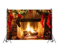 Ttincceer 4.5x3m Toile de Fond de cheminée de Noël Bois de Chauffage brûlant Fête de Noël Branches de pin Décoration Fond Vacances d'hiver Nouvel an Fête de Famille Décoration Bannière