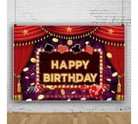 Ttincceer Joyeux Anniversaire Toile de Fond 220x150cm Casino Poker dés Rideau Rouge Photographie Fond Richesse pièce d'or Or étoile d'or Fond fête d'anniversaire décoration bannière