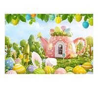 Ttincceer pâques Toile de Fond coloré Oeufs de pâques Mignon Oreilles de Lapin Photographie Fond 300x200cm Fantaisie Rose théière Vert pelouse Fond bébé Douche fête d'anniversaire bannière