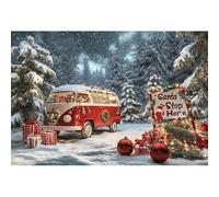 Ttincceer Toile de Fond de noël 3x2.5m Santa Stop Here snowland Bus Rouge Nouvel an Fond Photo Neige Lourde forêts de pins Boule de noël Rouge décoration décors Enfant Portrait Photo Prop