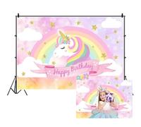 Ttincceer Toile de Fond Joyeux Anniversaire 1.8x1.2m Motif Licorne, Arc-en-Ciel, étoiles Roses et dorées, Scintillantes, pour Photographie d'anniversaire de Fille Accessoires de Studio Photo