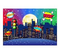 Ttincceer Toile de Fond Super Ville pour la Photographie 2.5x1.8m Motif Dessin animé de Super-héros, pour la Nuit, décoration de fête d'anniversaire pour Enfants et garçons