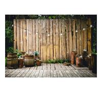 Ttincceer Vintage Bois Mur Toile de Fond 2.5x1.8m Jardin Planche de Bois épissage Vieux Sol Fond Feuilles Vertes souche en Bois Seau Photographie Toile de Fond Anniversaire fête de Mariage bannière