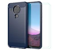 TTJ Coque pour Nokia 5.4, Fibre de Carbone TPU Cover Souple Cristal Bumper Housse Étui Case + 2 Film Protecteur Verre trempé écran pour Nokia 5.4 (6,39") - Bleu