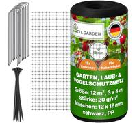 TTL Garden Filet de protection contre les oiseaux, 3 x 4 m, 20 g/m², noir, 12 x 12 mm, maille serrée de 12 m², 1 système de fil extra stable, filet de protection pour arbres fruitiers, filet de
