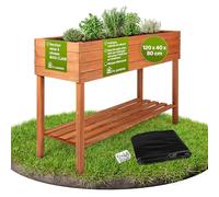 TTL GARDEN Jardinière surélevée pour balcon - Taille XL - 120 x 40 x 80 cm - En bois - Jardinière et bac à fleurs avec étagère et film - Bois de sapin résistant aux intempéries - Bac à plantes