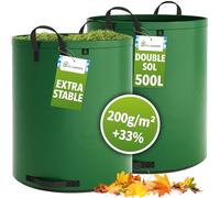 TTL Garden Lot de 2 sacs de jardin super solides - 500 l - Vert - Double fond - 2 x 200 g/m² - Extra stables et indéchirables - 4 grandes poignées - Robustes - Pour herbe, feuilles, haie, déchets de