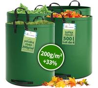 TTL GARDEN Lot de 4 sacs de jardin super solides - 500 l - Vert - Double fond - 2 x 200 g/m² - Extra stables et indéchirables - 4 grandes poignées - Robustes - Pour herbe, feuilles, haie, déchets de