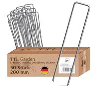 TTL GARDEN Lot de 50 piquets d'ancrage 200 x 25 x Ø 3,8 mm - Ancrage au sol en acier au carbone galvanisé et trempé - Sardines pour toile anti-mauvaises herbes, non-tissé de jardin, clôture, filet de