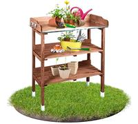 TTL Garden Table de plantation avec plan de travail galvanisé - Table de jardinier d'extérieur résistante aux intempéries avec 2 étagères et 2 barres à crochets avec 6 crochets - Bois de sapin marron