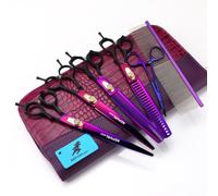 TTOOGO 7,0 pouces Set de cisaillement de toilettage pour chiens complets - Ciseaux en acier japonais violet 440c en acier droit, incurvé et amincissant avec des poignées noires