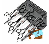 TTOOGO Ensemble de ciseaux de toilettage de 7,0 pouces pour animaux de compagnie - 5pcs Kit de coupe de poils en revêtement noir avec cisaillement raide, cisaillements incurvés