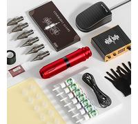 TTOOGO Kit de stylo à tatouage - kit de tatouage complet avec stylo à tatouage, alimentation électrique, 10 cartouches, encre 7 couleurs, pédale, bandage, crème de suivi,Rouge