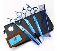 TTOOGO Kit de toilettage professionnel en 3 pièces, cisaillement en acier bleu de 8,0 pouces 440c ensemble avec des ciseaux d'amincissement droits, courbes et 7,5 pouces,A