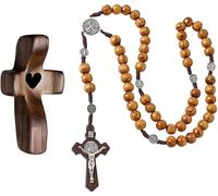 TTPSRY 2 Pièces Chapelet Catholique Bois Naturel Médaillons Crucifix Croix Pendentif Collier Religieux Perles Artisanales Prière