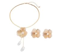 TTPSRY 2 Pièces Ensemble Bijoux Fleur Métallique Collier Boucles Oreilles Perle Imitation Cuivre Élégant Parure Femme