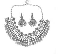 TTPSRY 2 Pièces Ensemble de Bijoux Femme Boho Collier Boucles d'Oreilles Pendentif Parure Bohémien Vintage Exagéré Déclaration Ethnique Cadeau pour Fille Fête Noël Saint Valentin (Argent)