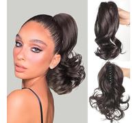 TTPSRY 25cm Perruque Femme Naturelle Postiche Queue de Cheval Avec Pince Extension Claw On Ponytail Cheveux Naturel Micro Ondulé Hair Extensions Naturel(Marron noir)