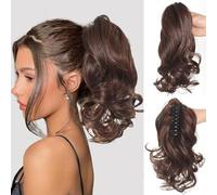 TTPSRY 25cm Perruque Femme Naturelle Postiche Queue de Cheval Avec Pince Extension Claw On Ponytail Cheveux Naturel Micro Ondulé Hair Extensions Naturel(Brun)