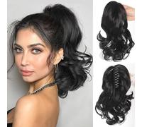TTPSRY 25cm Perruque Femme Naturelle Postiche Queue de Cheval Avec Pince Extension Claw On Ponytail Cheveux Naturel Micro Ondulé Hair Extensions Naturel(Noir)