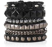 TTPSRY 4 Pièces Bracelets Punk Cloutés Pyramide Chaîne Cuir Tressé Manchette Multirangs Accessoire Homme