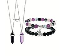 TTPSRY 4 Pièces Ensemble Bijoux Cristal Naturel Magnétique Collier Hexagonal Bracelet Couple Amour Assorti