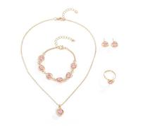 TTPSRY 4 Pièces Ensemble de Bijoux Femme Zircone Cristal Pendentif Cœur Collier Boucles d'Oreilles Bracelet Bague Parure Bijoux Anniversaire Noël Cadeaux pour Filles Fête Mariage (Rose)