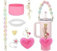 TTPSRY 7 Pièces Ensemble Bouteille Isotherme avec Bandoulière Fleurie Accessoires Tasse Réutilisable Porteclés Cœur Peluche Décoration Perle