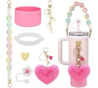 TTPSRY 7 Pièces Ensemble Bouteille Isotherme avec Bandoulière Fleurie Accessoires Tasse Réutilisable Porteclés Cœur Peluche Décoration Perle