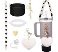 TTPSRY 7 Pièces Ensemble Bouteille Isotherme avec Bandoulière Fleurie Accessoires Tasse Réutilisable Porteclés Cœur Peluche Décoration Perle