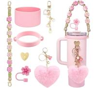 TTPSRY 7 Pièces Ensemble Bouteille Isotherme avec Bandoulière Fleurie Accessoires Tasse Réutilisable Porteclés Cœur Peluche Décoration Perle
