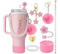TTPSRY 7 Pièces Ensemble Chaîne Perle Tasse Accessoires Marguerite Décoratifs Portegobelet Paille Réutilisable Pompon Porteclés