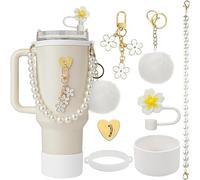 TTPSRY 7 Pièces Ensemble Chaîne Perle Tasse Accessoires Marguerite Décoratifs Portegobelet Paille Réutilisable Pompon Porteclés