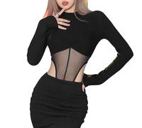 TTPSRY Body à Manches Longues pour Femme Body Sexy en Maille Transparente Bodycon Justaucorps Extensible à Col Haut Bodysuit Clubwear(L)