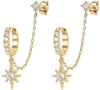 TTPSRY Boucles D'oreilles Étoile Pendantes Chaîne Créoles Zircone Cubique Plaqué Or Bijoux Femme Élégants Brillants