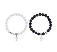 TTPSRY Bracelet Couple En Perles Naturelles De Quartz Rose Et Onyx Noir Avec Pendentif Croix En Argent Bijoux Assortis Pour Hommes Et Femmes Ensemble De 2 Bracelets Élastiques