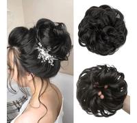 TTPSRY Chignon Postiche Cheveux Grande Elastique Postiches Bouclés Ondulés Chouchou Cheveux Humains Naturel Faux Chignon Elastique pour Femmes Fille（Noir）