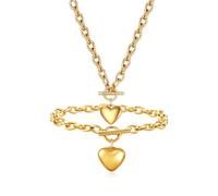 TTPSRY Ensemble Bijoux Cœur Pendentif Collier Bracelet Chaîne Maille Fermoir Toggle Accessoires Femme