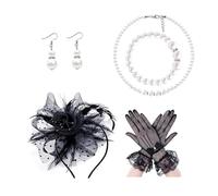 TTPSRY Ensemble Bijoux Élégant Bibi Plumes Voilette Gants Dentelle Collier Bracelet Boucles Perles Accessoires Cérémonie Mariage