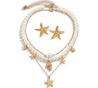 TTPSRY Ensemble Bijoux Femme Collier et Boucles d'Oreilles Étoile de Mer en Or et Perles Bijoux Alliages Cadeau Anniversaire Femme Style Élégant et Moderne(Or)