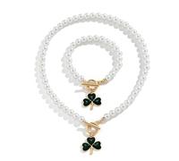 TTPSRY Ensemble Bijoux Trèfle Élégant Collier Bracelet Perles Blanches Pendentif Charme Fermoir Toggle Accessoires Femme