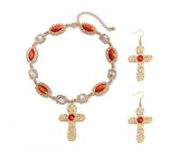 TTPSRY Ensemble Collier Croix Baroque Boucles D'oreilles Cristal Ovale Bijoux Religieux Argent Pendentif Ornement Vintage