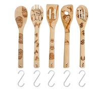 TTPSRY Lot de 5 Ustensiles de Cuisine Bois Ensemble d'Ustensiles en Bambou Facile Nettoyer Accessoires de Cuisine Antiadhésifs Spatule Set avec S Forme Acier Inoxydable Crochet Cadeaux