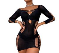TTPSRY Mini Robe Moulante pour Femme sans Bretelles en Dentelle avec Perles Manches Longues Filet de Pêche Extensible Jupe Moulante