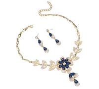 TTPSRY Parure Bijoux Femme Cristal Collier et Boucles d'Oreilles Ensemble Strass Floral Colliers Boucles d'Oreilles pour Usage Quotidien et Occasions Festives (Bleu)