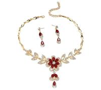 TTPSRY Parure Bijoux Femme Cristal Collier et Boucles d'Oreilles Ensemble Strass Floral Colliers Boucles d'Oreilles pour Usage Quotidien et Occasions Festives (Rouge)